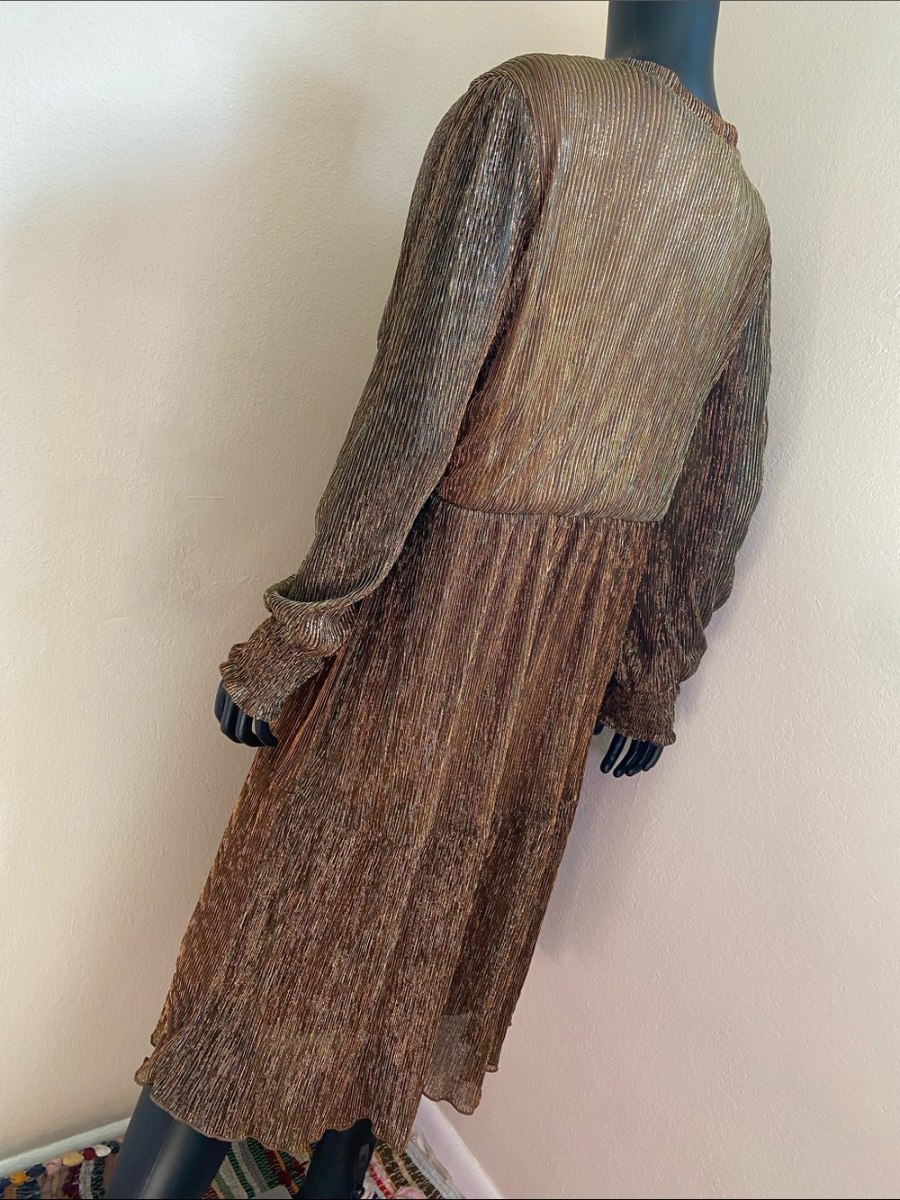 NY Collection Shimmery Bronze V-Neck Long Sleeve Midi Dress - Picture 7 of 12
